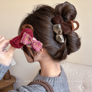 蝴蝶结毛绒抓夹女发量少后脑勺发夹鲨鱼夹秋冬高级感头发夹子头饰