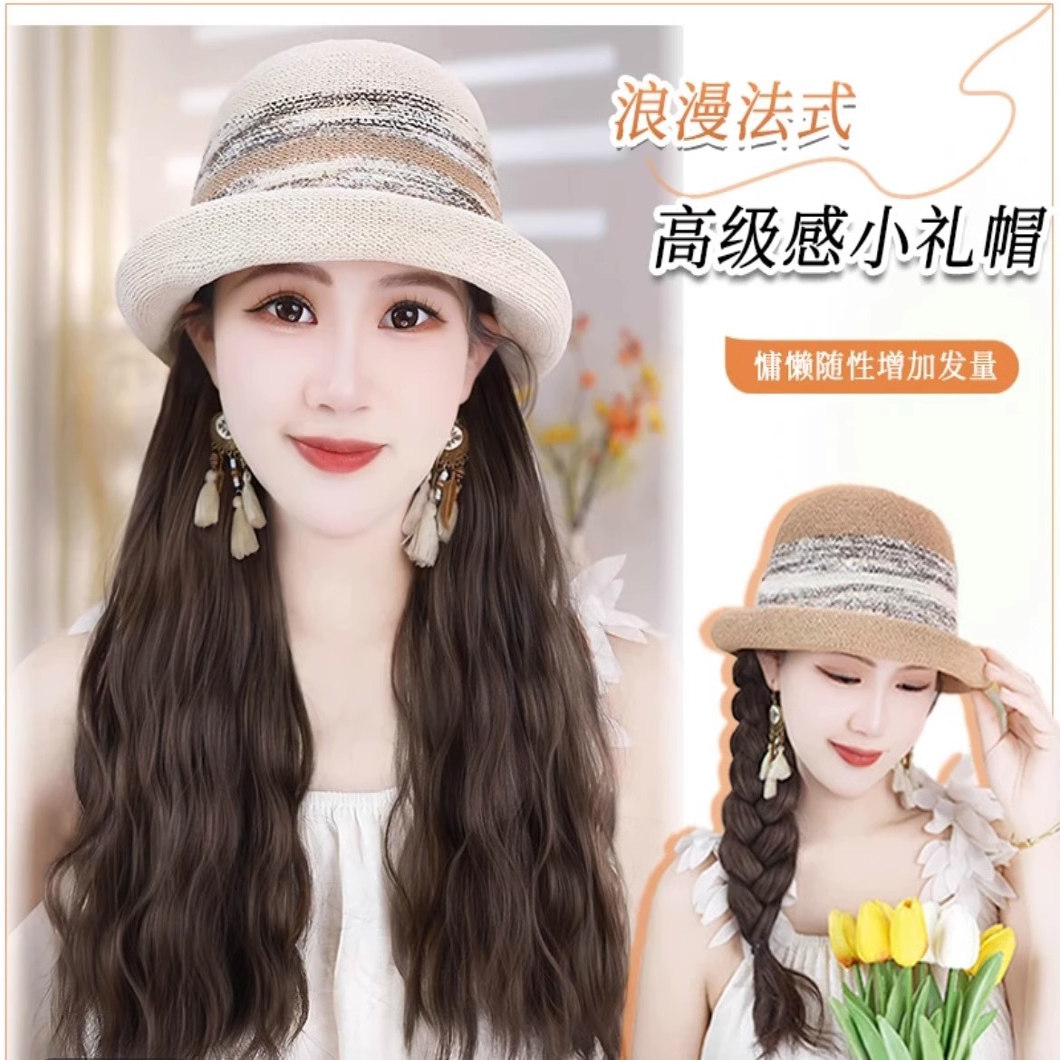 温柔气质法式卷沿帽子假发一体