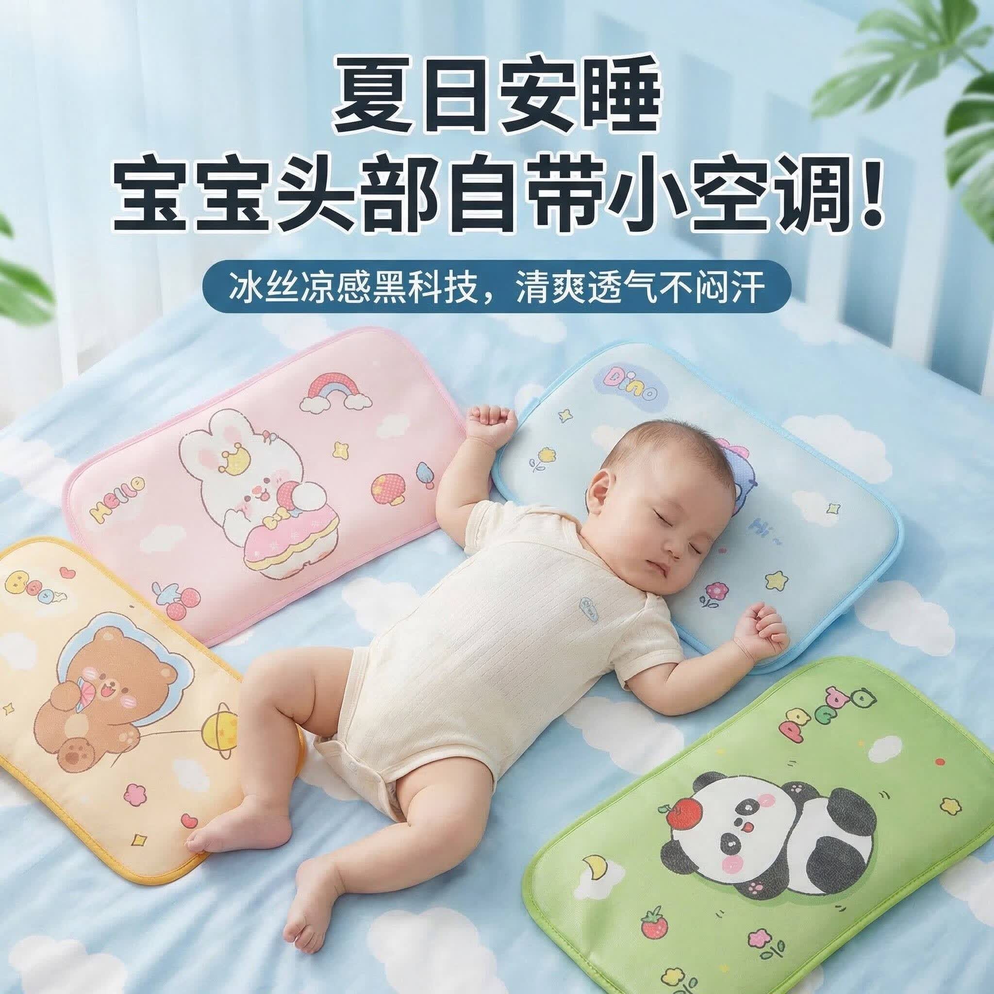 婴儿冰丝云片枕儿童宝宝透气吸汗薄款枕巾枕套新生儿夏季冰凉枕头