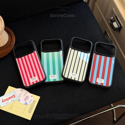 ins韩系多巴胺彩色条纹适用苹果17promax手机壳iPhone air黑边大镜头视窗网红简约15撞色全包防摔16新款男女