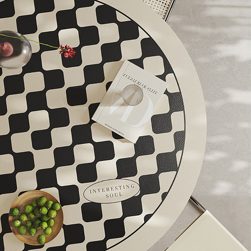 黑白色简约轻奢感圆桌桌垫皮革防油防水茶几布防滑免洗可裁剪