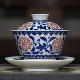 景德镇陶瓷釉里红缠枝番莲三才盖碗望龙柴窑古法烧制单人喝茶茶具