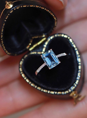 帕诗韵s925纯银镶嵌方糖海蓝宝戒指女个性轻奢百搭小众设计感指环