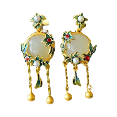 帕诗韵花开满堂仿和田玉s925银镀金复古宫廷风花环珐琅蛋面耳钉