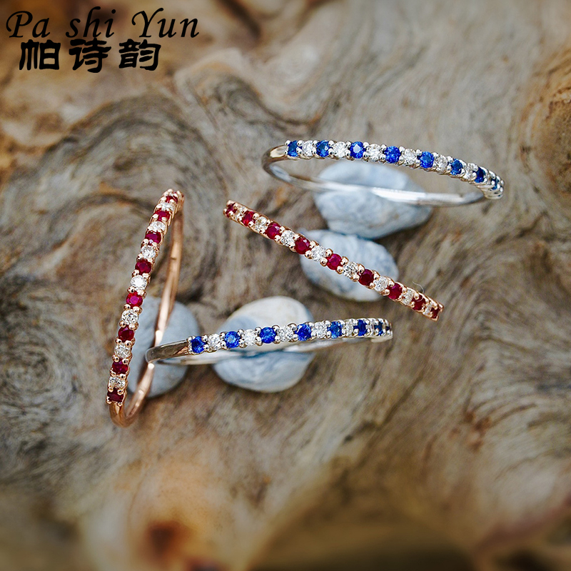 s925纯银红蓝白排戒叠戴戒指