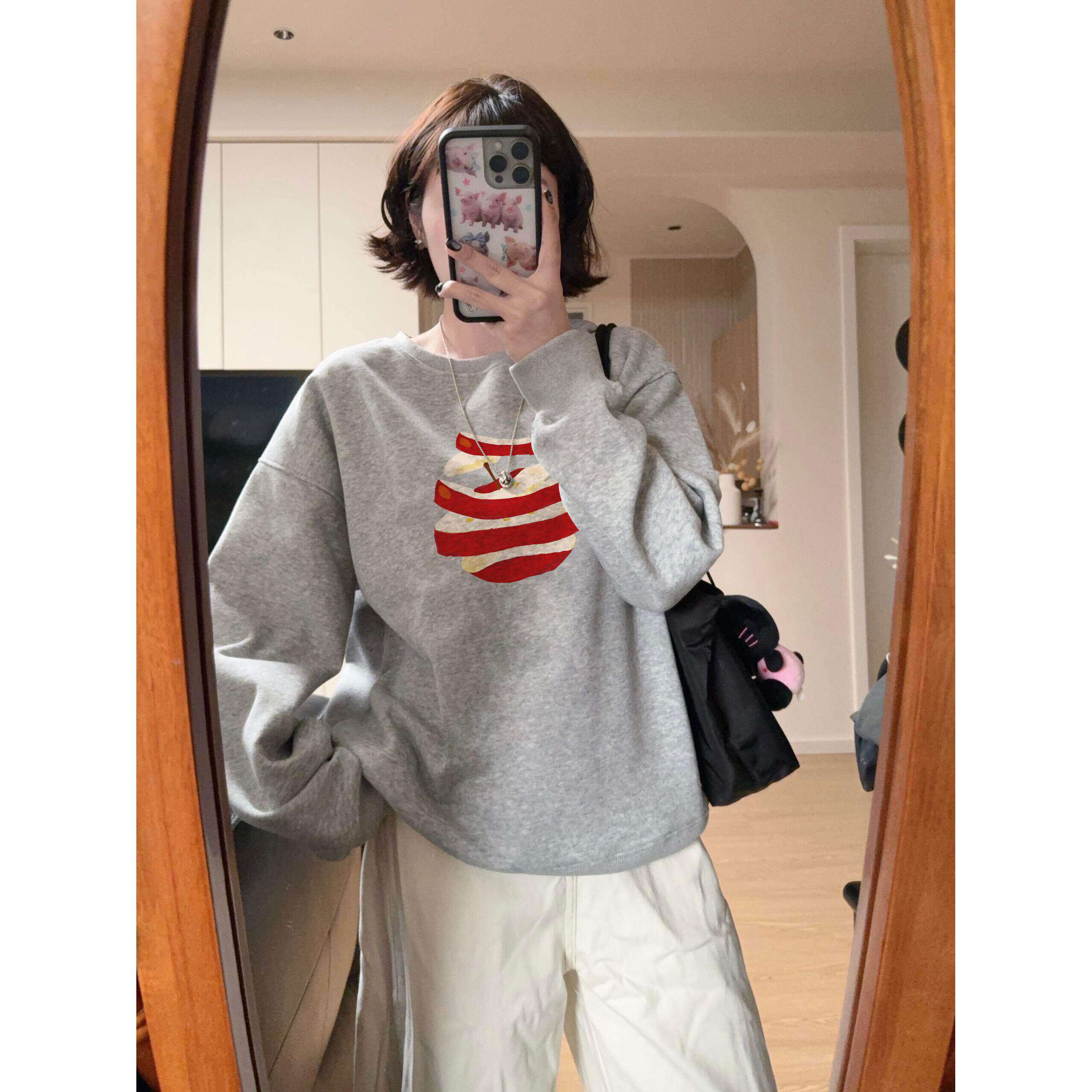 纯棉美式复古灰色无帽卫衣女2026新款设计感小众春季慵懒韩系上衣