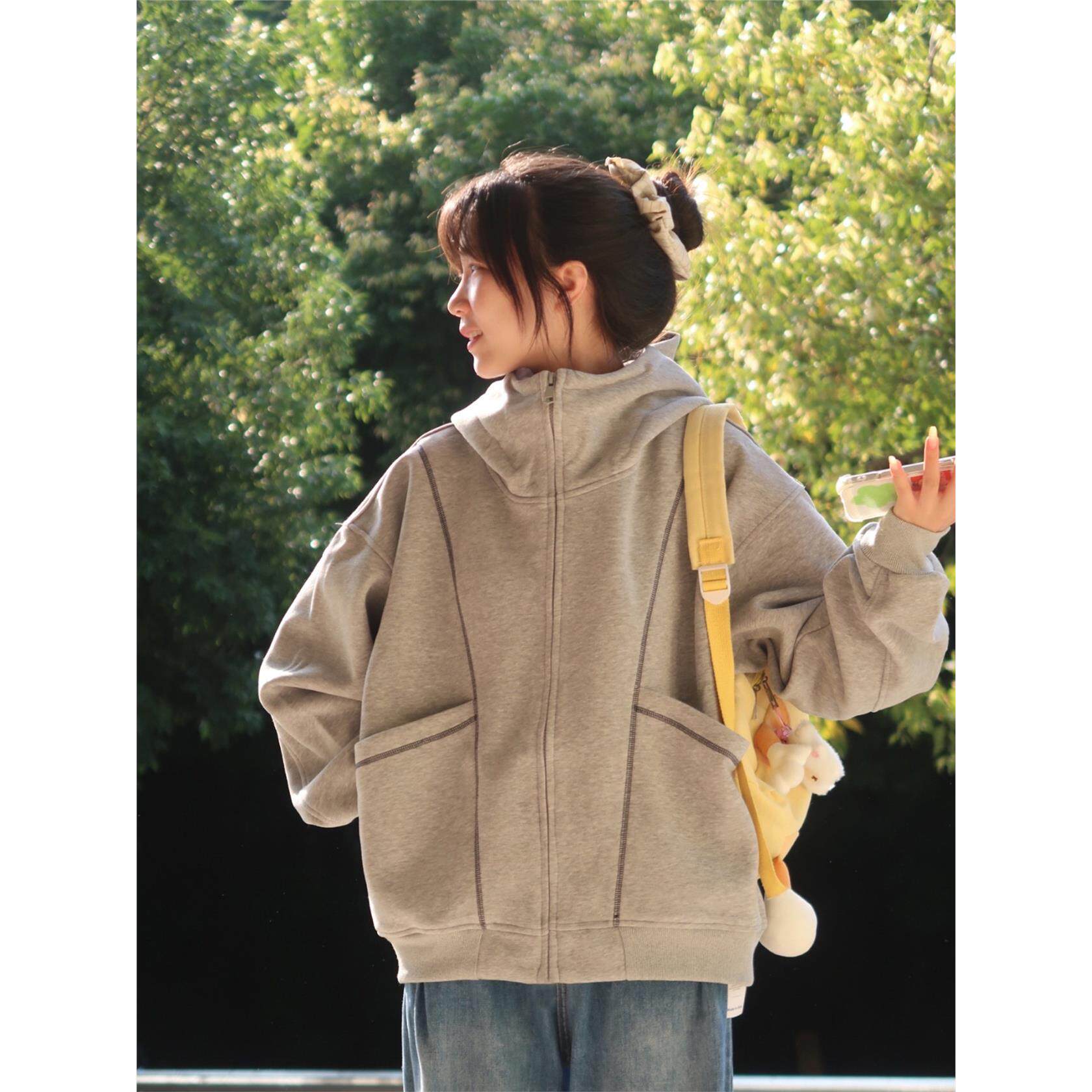 重磅拉炼开衫卫衣女小个子春秋季2025新款宽松休闲小众设计感上衣