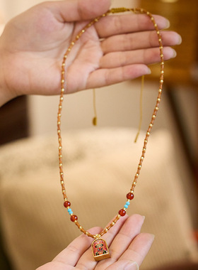 新中式橄榄核竹节编织项链女扎基拉姆唐卡吊坠嘎乌盒气质百搭