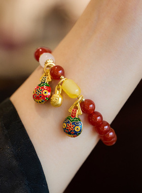 新中式天然红玛瑙吞金兽手链女款本命年复古风手串饰品礼物