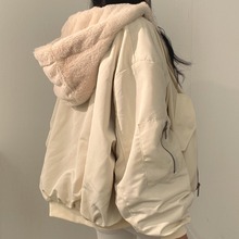 韩国chic休闲气质宽松加绒加厚两面穿羊羔毛棉服女外套秋冬季 棉衣