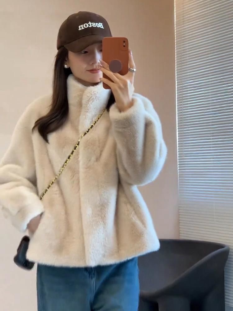 水貂绒皮毛一体外套女冬季2025新款立领加厚加绒保暖短款毛绒上衣