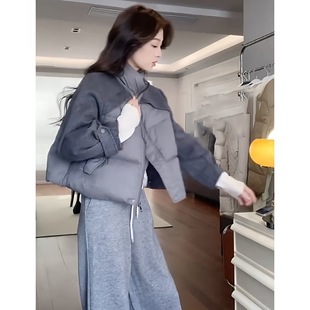 高级感小香风拼接毛呢灰色棉服女冬季2025新款设计感短款加厚外套