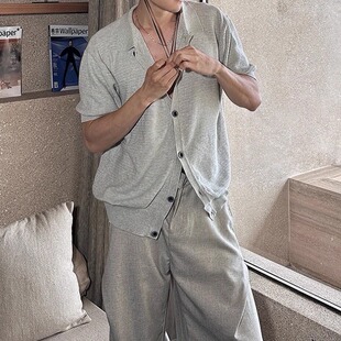 老钱风轻奢短袖衬衫男款夏季薄款cleanfit慵懒松弛感针织开衫衬衣