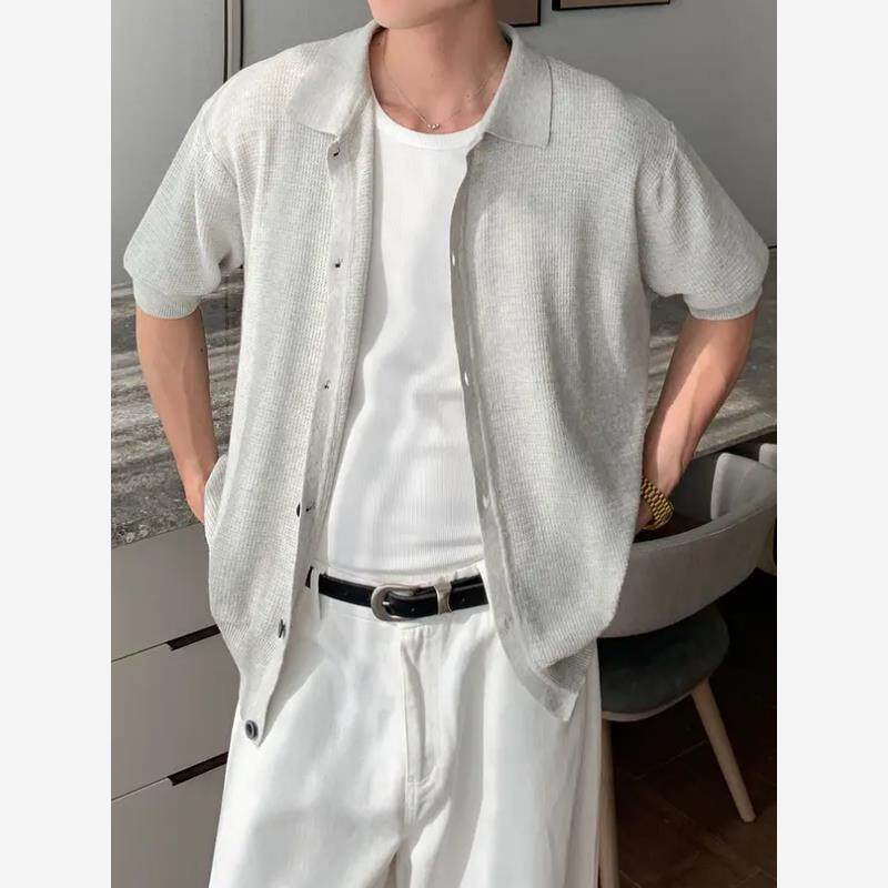 早秋纯色高级感休闲百搭针织短袖开衫轻奢老钱风翻领男士毛衣夏季 - 海仕轻奢男装出品