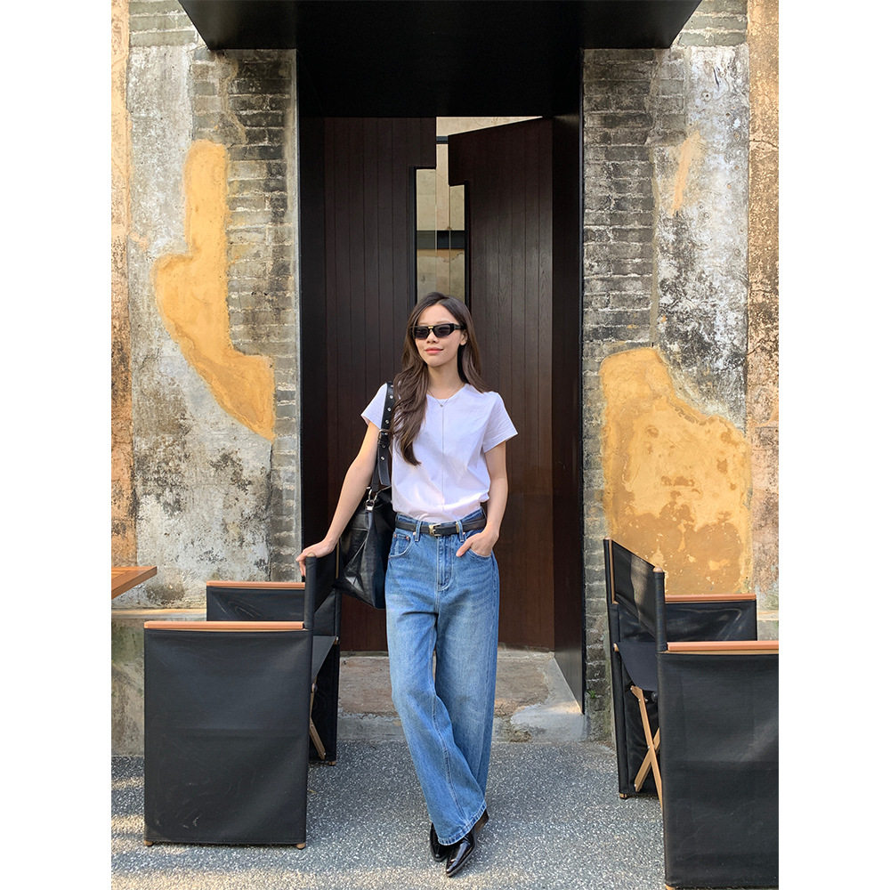 誉一新款2025春季个性抓纹磨破口袋牛仔裤女百搭宽松阔腿裤