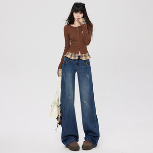 梦中情裤美式复古低腰辣妹阔腿百搭显瘦牛仔裤女!辣妹时髦精丙纶