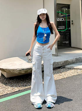 白色新款气质垂感工装牛仔裤女夏季美式辣妹低腰微喇裤拖地长裤潮
