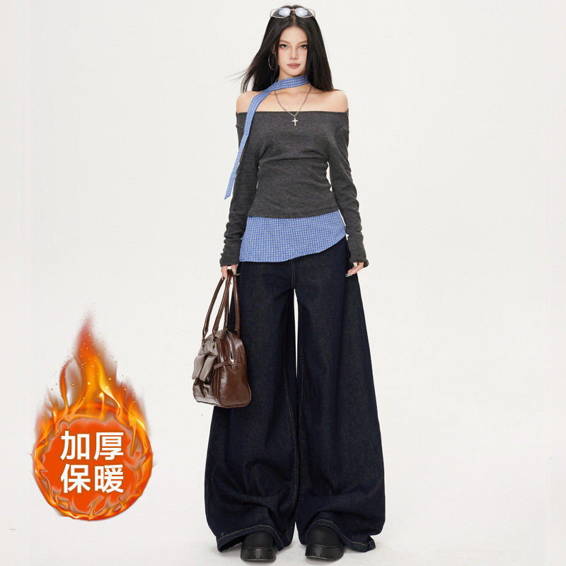 深蓝美式原色不掉色宽松阔腿裤女新款加绒垂感拖地牛仔裤 依春,女装/女士精品,牛仔裤,淘宝优惠券,粉丝福利购,淘宝优惠卷