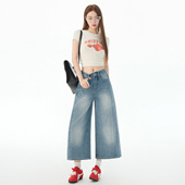 八分阔腿竖竹节牛仔裤 女夏季 新款 潮酷美式 高腰显瘦宽松直筒裤