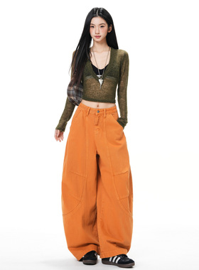 橙色弯刀工装牛仔裤秋冬新款高街廓形宽松显瘦阔腿裤