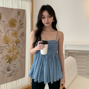 诠释美 小个子甜美格子露背吊带抹胸上衣女 NEWOPEN 25夏法式