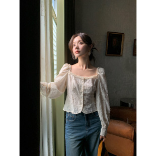 女 诠释美 NEWOPEN 2025早春法式 重工提花上衣方领木耳边衬衫