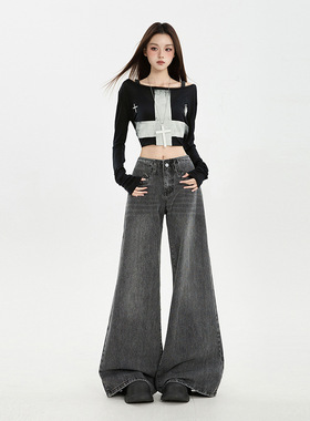 秋季梨型身材女款高腰灰色竹节纹微喇叭牛仔裤宽松阔腿垂感不贴腿