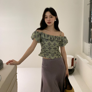 25夏甜美辣妹小个子短款 07.14十三行夏款 一字肩碎花吊带上衣
