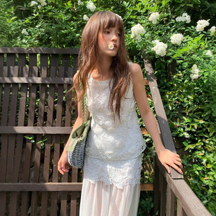 女 诠释美 NEWOPEN 25夏日系甜美清新软妹镂空钩花无袖 蕾丝衫