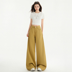 柠檬黄阔腿牛仔裤女2025春秋新款高腰宽松垂感美式复古直筒裤子
