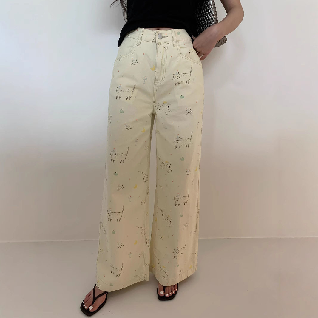 诠释美 NEWOPEN 25夏韩系复古宽松卡通印花高腰直筒牛仔裤女