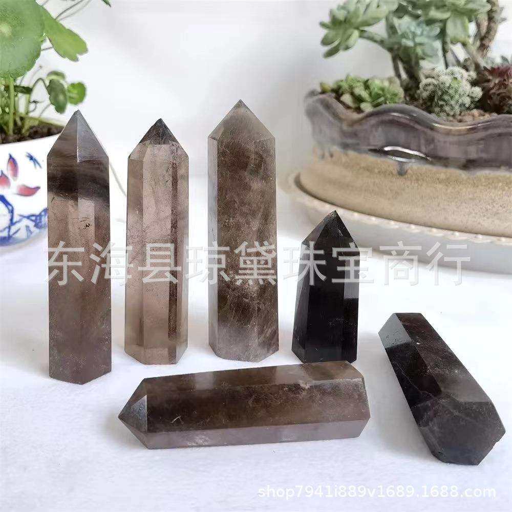 天然茶水晶单尖水晶六棱柱烟晶原石打磨能量石石料风水摆件