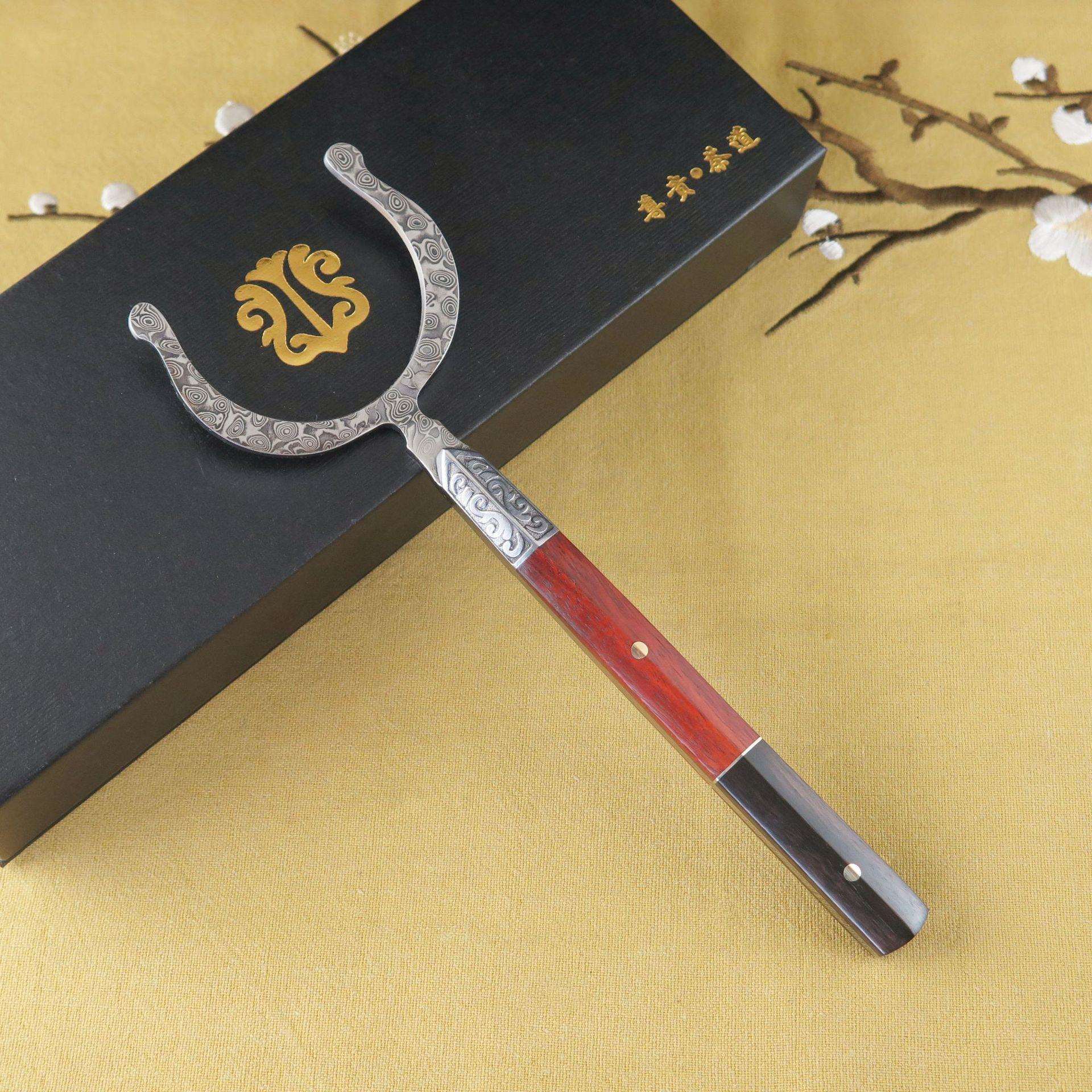 大马士革茶杯茶道茶具配件紫光檀茶叉血檀双色柄盾牌防烫杯叉