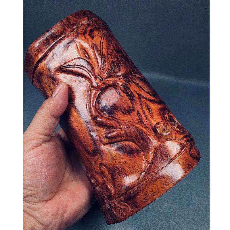 海南黄花梨笔筒文房四宝摆件虎皮山水纹手工雕刻书房办公桌面摆件