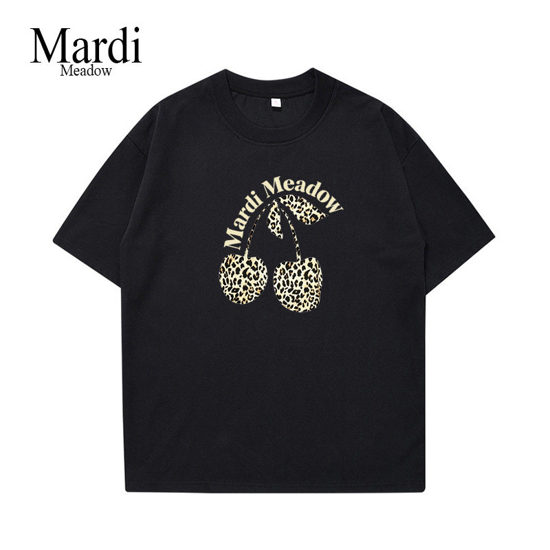 ได้รับอนุญาตจากทางร้าน เสื้อยืดแขนสั้นพิมพ์ลายเสือดาวและเชอร์รี่สำหรับผู้หญิง ฤดูร้อน ทรงหลวม ผลิตจากผ้าฝ้ายแท้