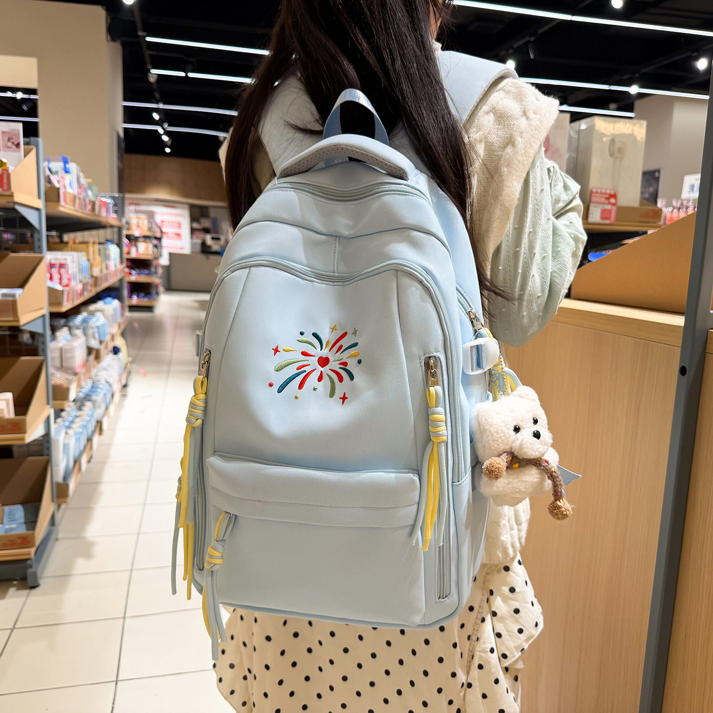 清新浅蓝烟花刺绣学生双肩包元气初高中女生上课郊游轻便百搭书包