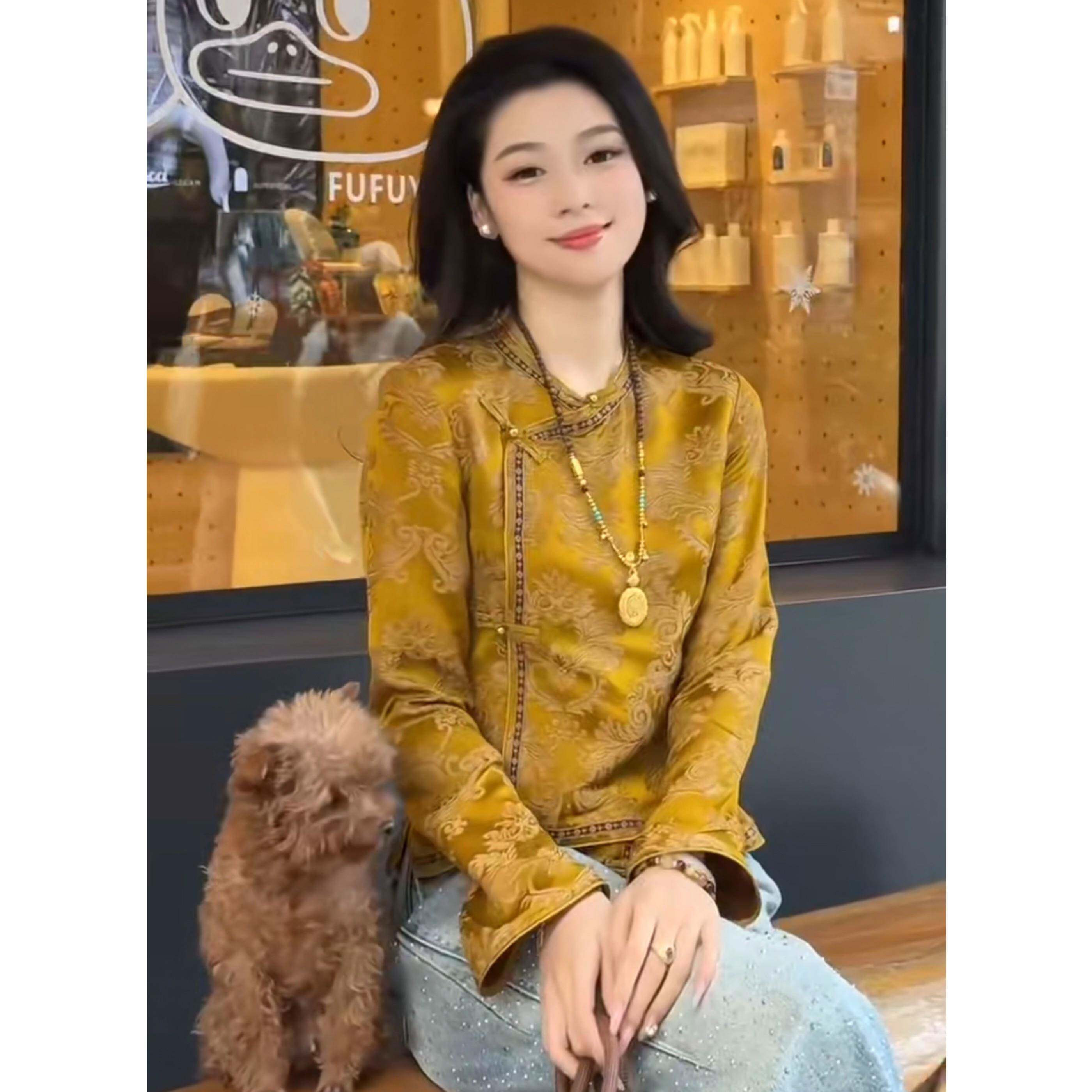 2026春秋新款新中式轻奢衬衫女长袖圆领金色提花高级感减龄通勤风
