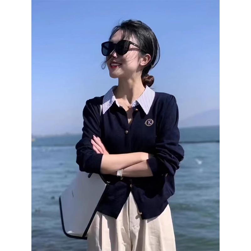 蓝色polo翻领针织开衫女秋季短款毛衣外套修身假两件内搭打底上衣