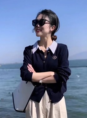 蓝色polo翻领针织开衫女秋季短款毛衣外套修身假两件内搭打底上衣