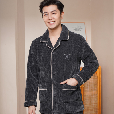 姬玛秋冬季加绒加厚保暖复合雪尼尔睡衣大码男士家居服套装可外穿