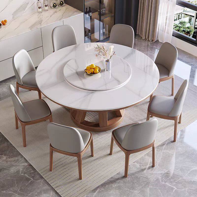 现代简约实木岩板餐桌椅组合轻奢家用吃饭桌带转盘客厅高端大圆桌