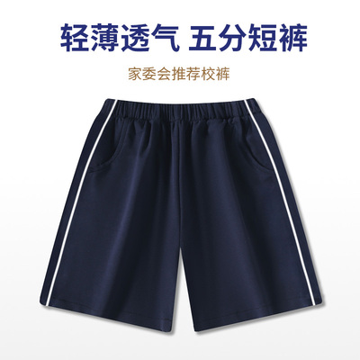 校服短裤男女童细白条运动裤五分裤小学生藏青色儿童一条杠短裤