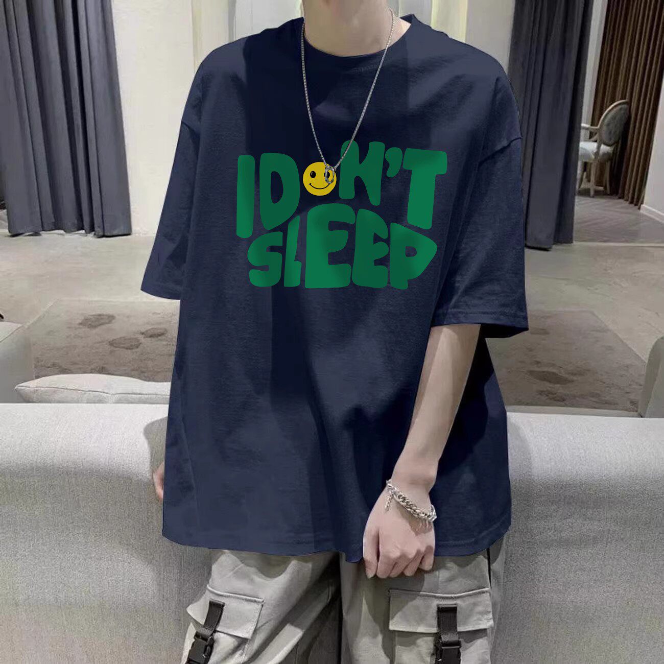 美式复古短袖t恤男款oversize夏季ins纯棉潮流半袖体恤藏青色上衣