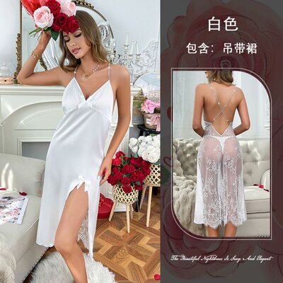 欧美跨境吊带裙性感开叉睡裙纯欲风少女睫毛花边拼接家居服825