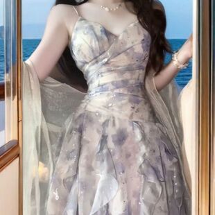 吊带裙女2025纯欲风海边度假沙滩裙荷叶边小个子蛋糕裙雪纺连衣裙