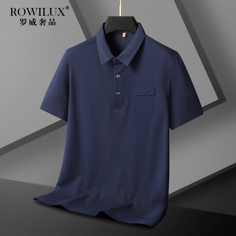 高档大码深蓝色商务polo衫男短袖夏季薄款中年宽松休闲棉半袖t恤