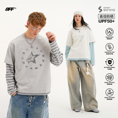 8FF26春新款复古假两件长袖涂鸦上衣撞色条纹休闲7A抗菌速干t恤