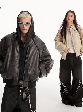 8FF大不相同/水洗做旧bomber短宽裁剪加厚保暖飞行皮衣夹克羽绒服