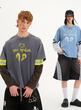 8FF26SS假两件水洗破洞长袖美式街头运动t恤做旧字母撞色印花球衣