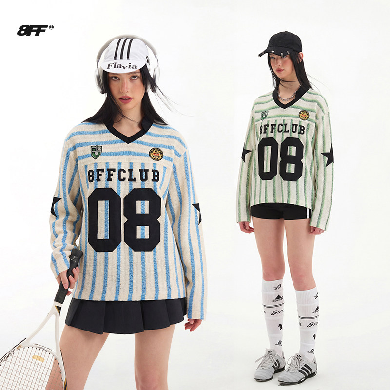 8FF【赵品霖同款】美式复古运动球衣绣花宽松休闲潮流条纹长袖T恤